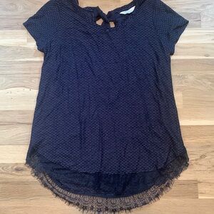 LAUREN Conrad Short Sleeve Knit Blouse w/ Lace Trim Navy Blue Women’s M